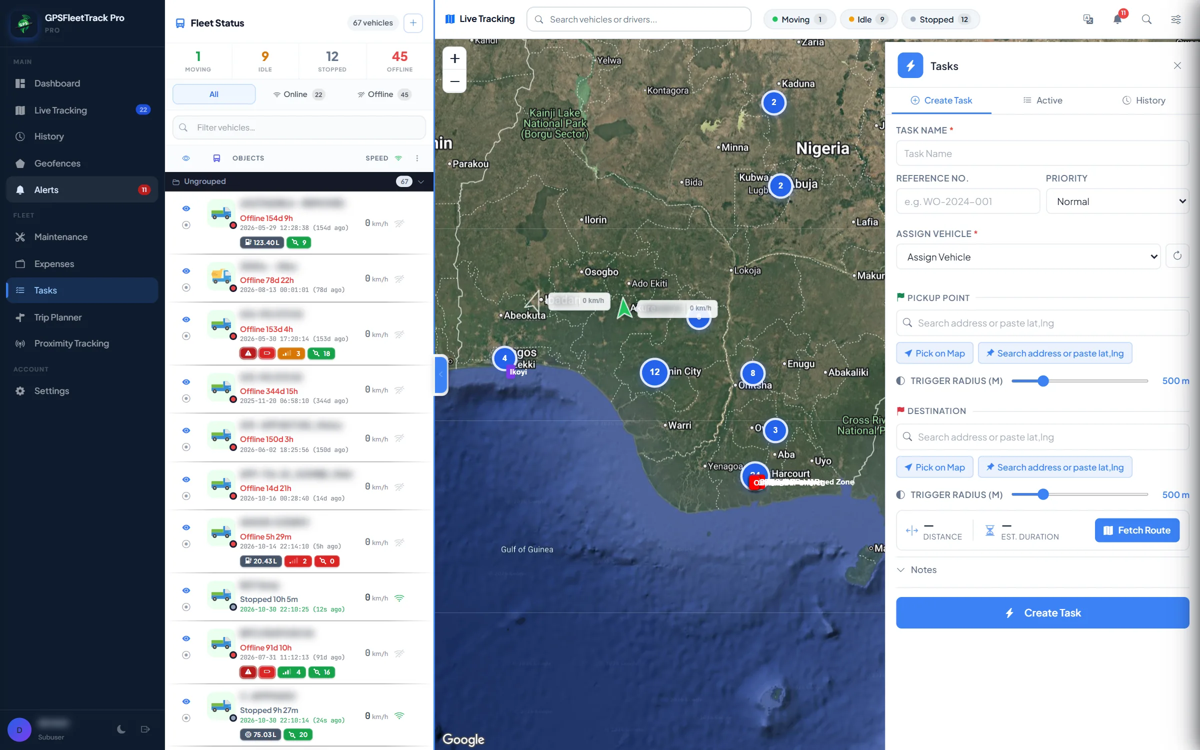 GPSFleetTrack Pro Tasks & dispatch screen